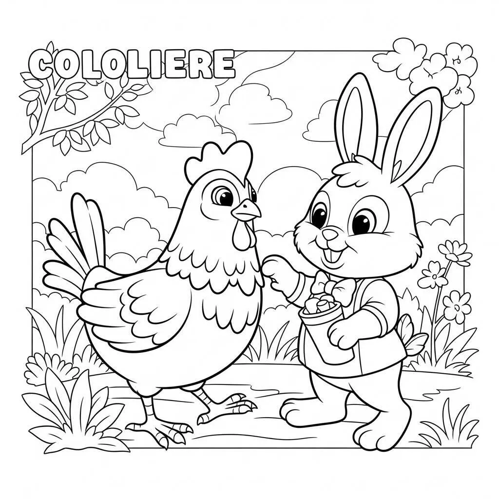 Desenho de Galinha e Coelho para Colorir