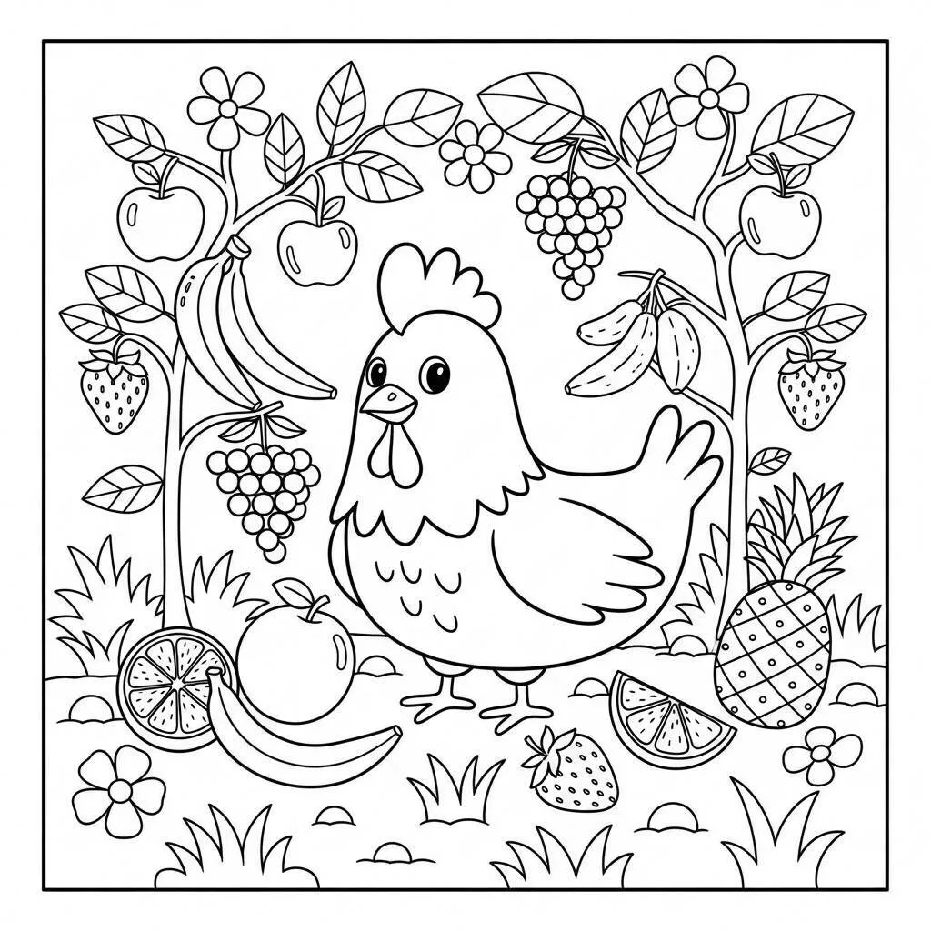 Desenho-de-Galinha-e-Frutas-para-Colorir Coloriage poulet et fruits