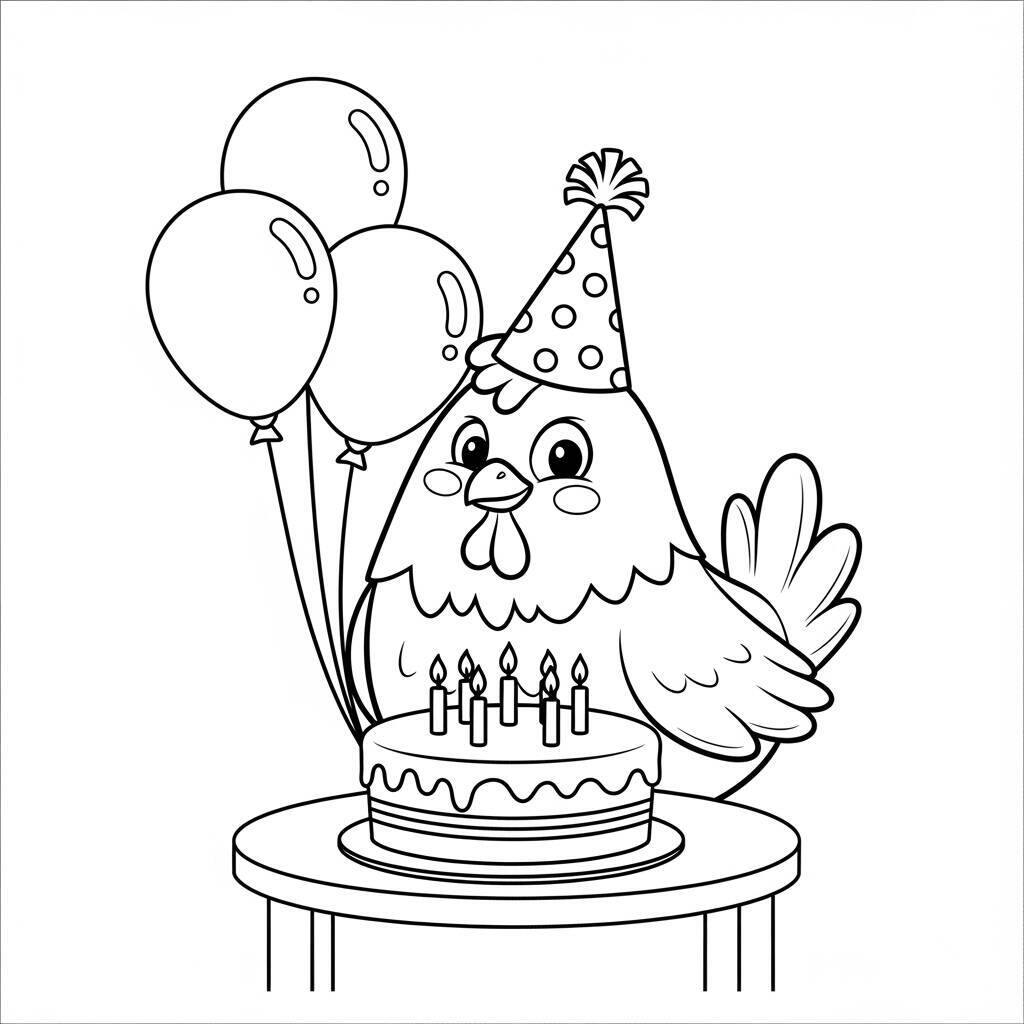 Ausmalbild: Huhn auf einer Geburtstagsparty