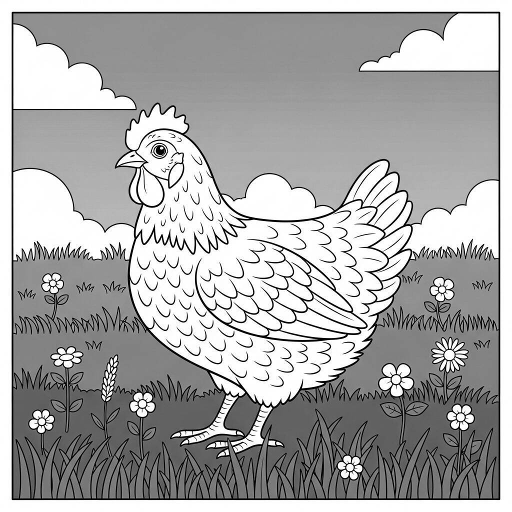 Ausmalbild: Huhn auf einer grünen Wiese