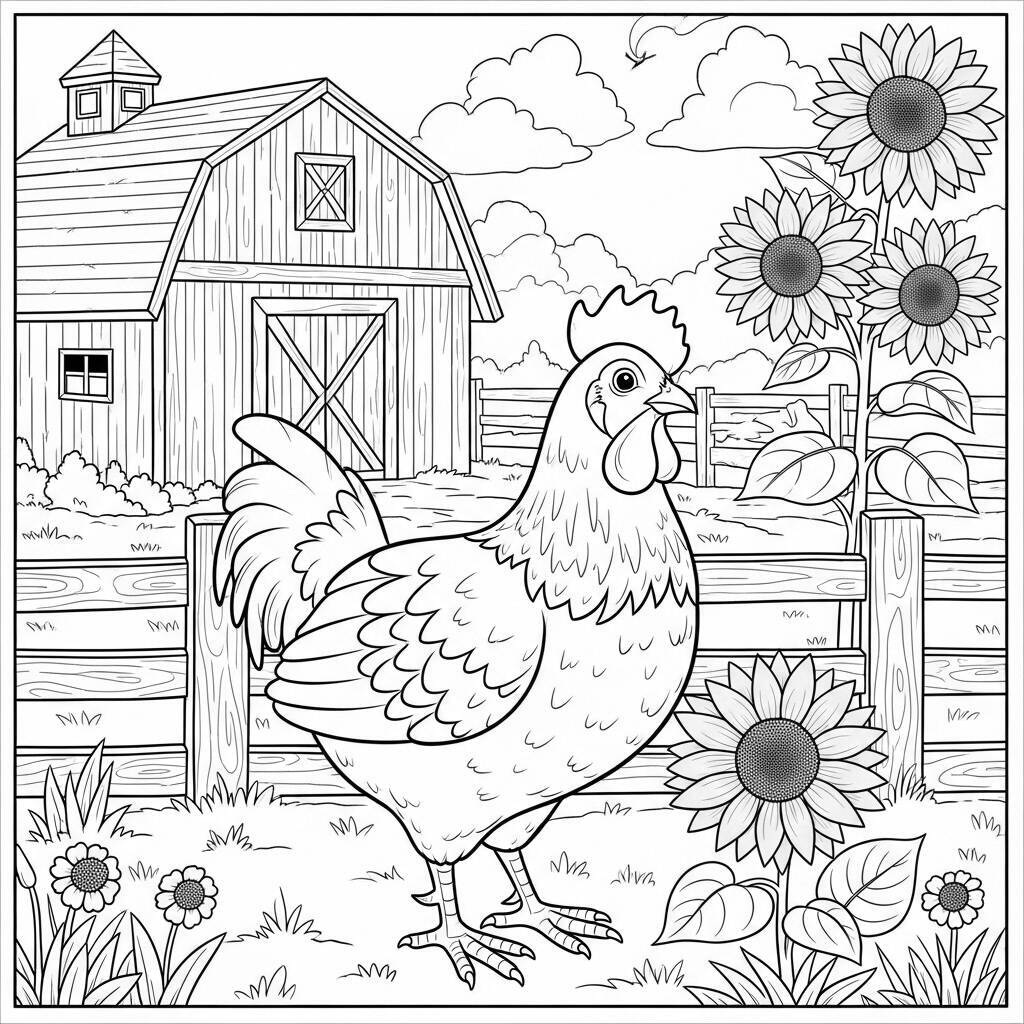 Ausmalbild: Huhn auf dem Bauernhof