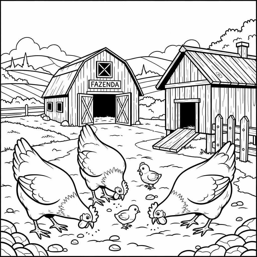 Desenho de Galinhas na Fazenda para Colorir