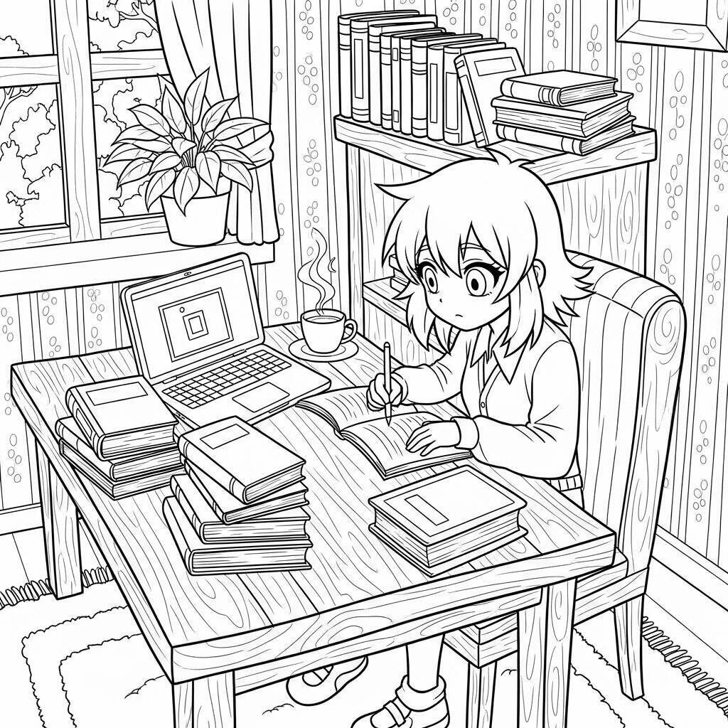 Desenho de Garota de Anime Estudando para Colorir