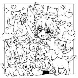 Desenho de Garota de Anime com Animais para Colorir