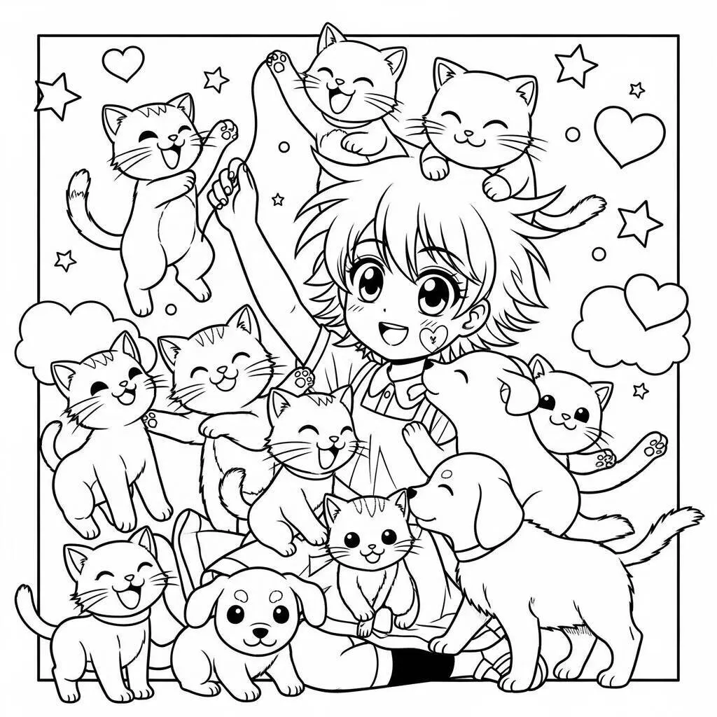 Desenho-de-Garota-de-Anime-com-Animais-para-Colorir Desenho de Garota de Anime com Animais para Colorir