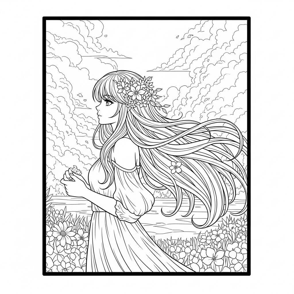Desenho de Garota de Anime com Cabelo Longo para Colorir