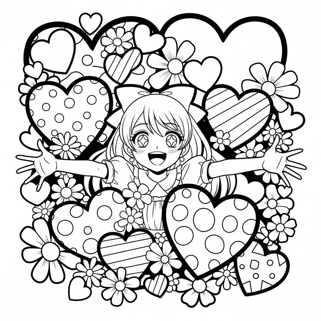 Desenho de Garota de Anime com Coração para Colorir
