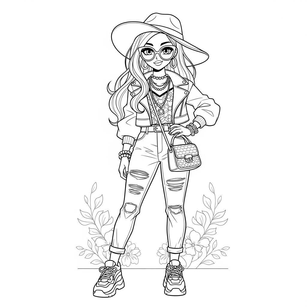 Desenho de Garota de Anime com Estilo de Moda para Colorir