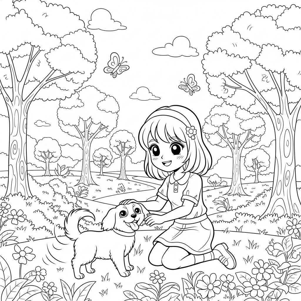 Desenho de Garota de Anime com um Cão para Colorir