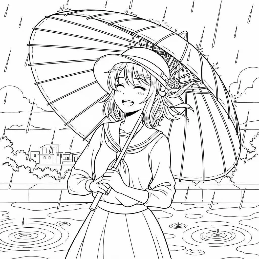 Desenho de Garota de Anime em um Dia de Chuva para Colorir