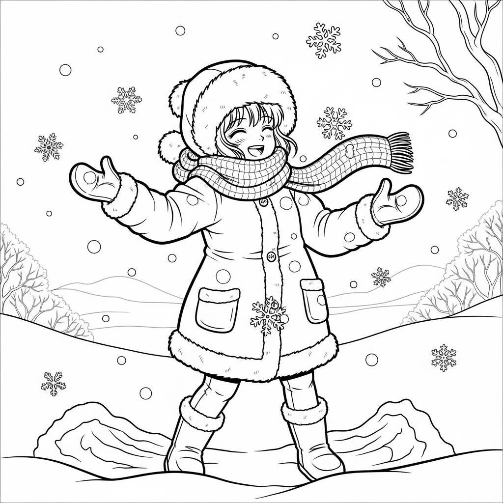 Desenho de Garota de Anime em um Dia de Inverno para Colorir