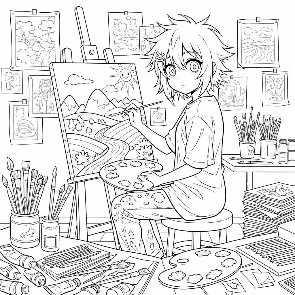 Desenho de Garota de Anime em um Estúdio de Arte para Colorir