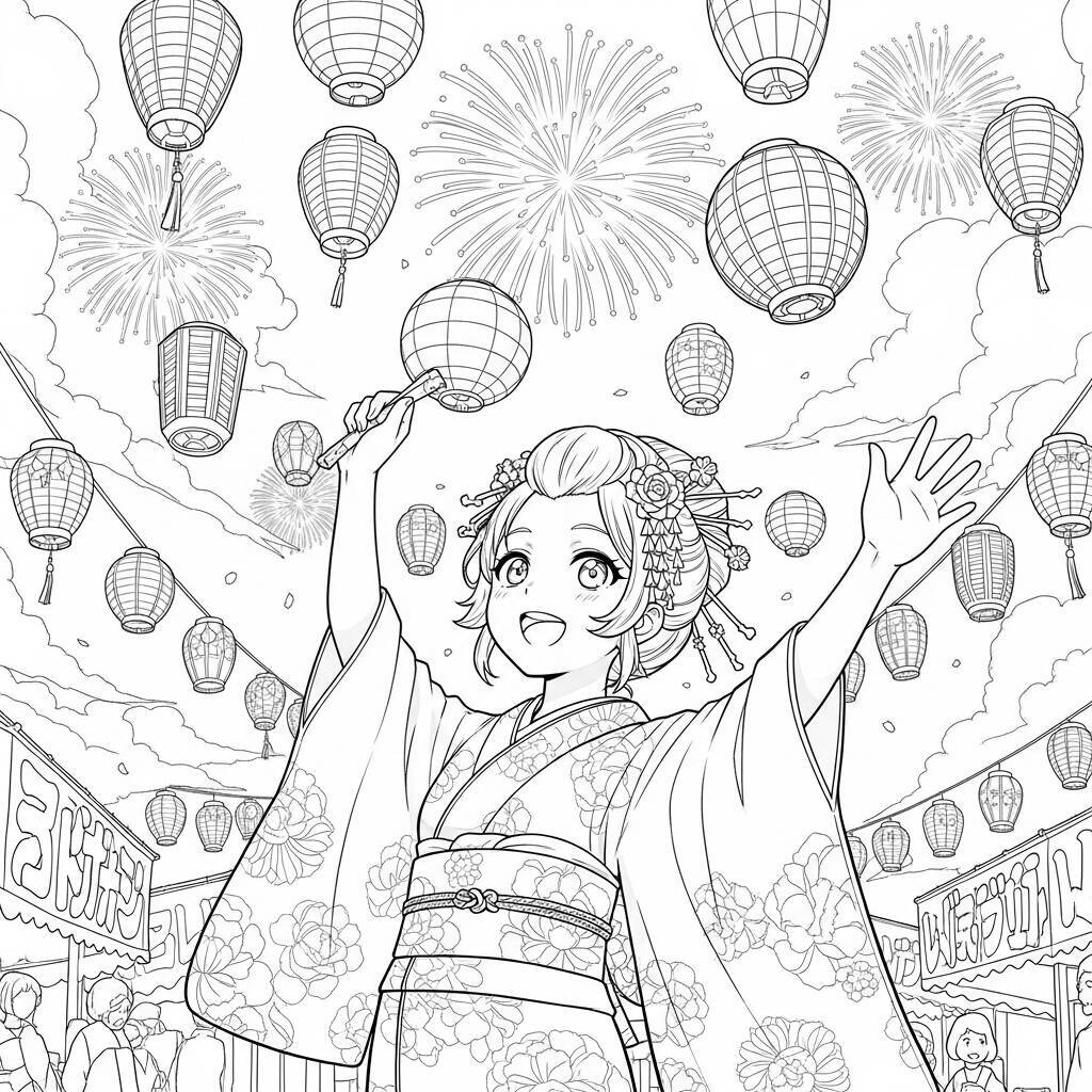 Desenho de Garota de Anime em um Festival para Colorir