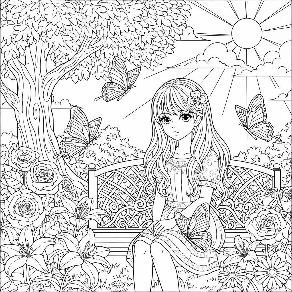 Desenho de Garota de Anime em um Jardim para Colorir