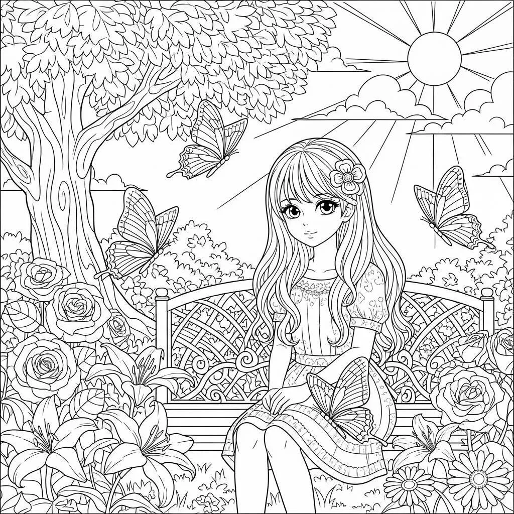 Desenho-de-Garota-de-Anime-em-um-Jardim-para-Colorir Desenho de Garota de Anime em um Jardim para Colorir