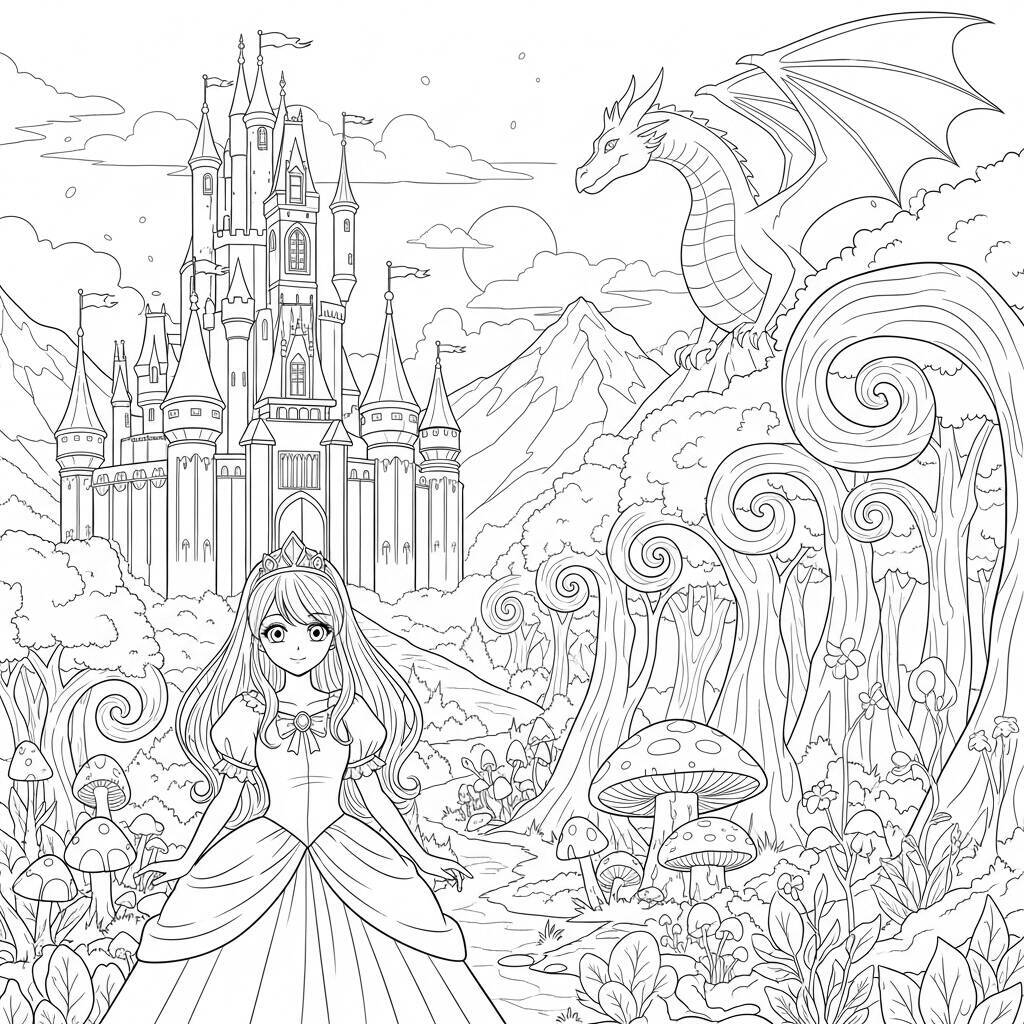 Desenho de Garota de Anime em um Mundo de Contos de Fadas para Colorir