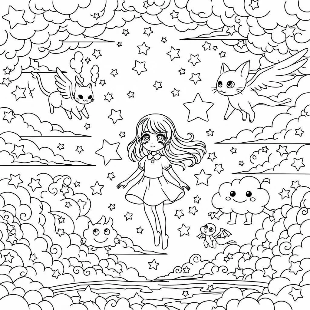 Desenho de Garota de Anime em um Mundo de Sonhos para Colorir