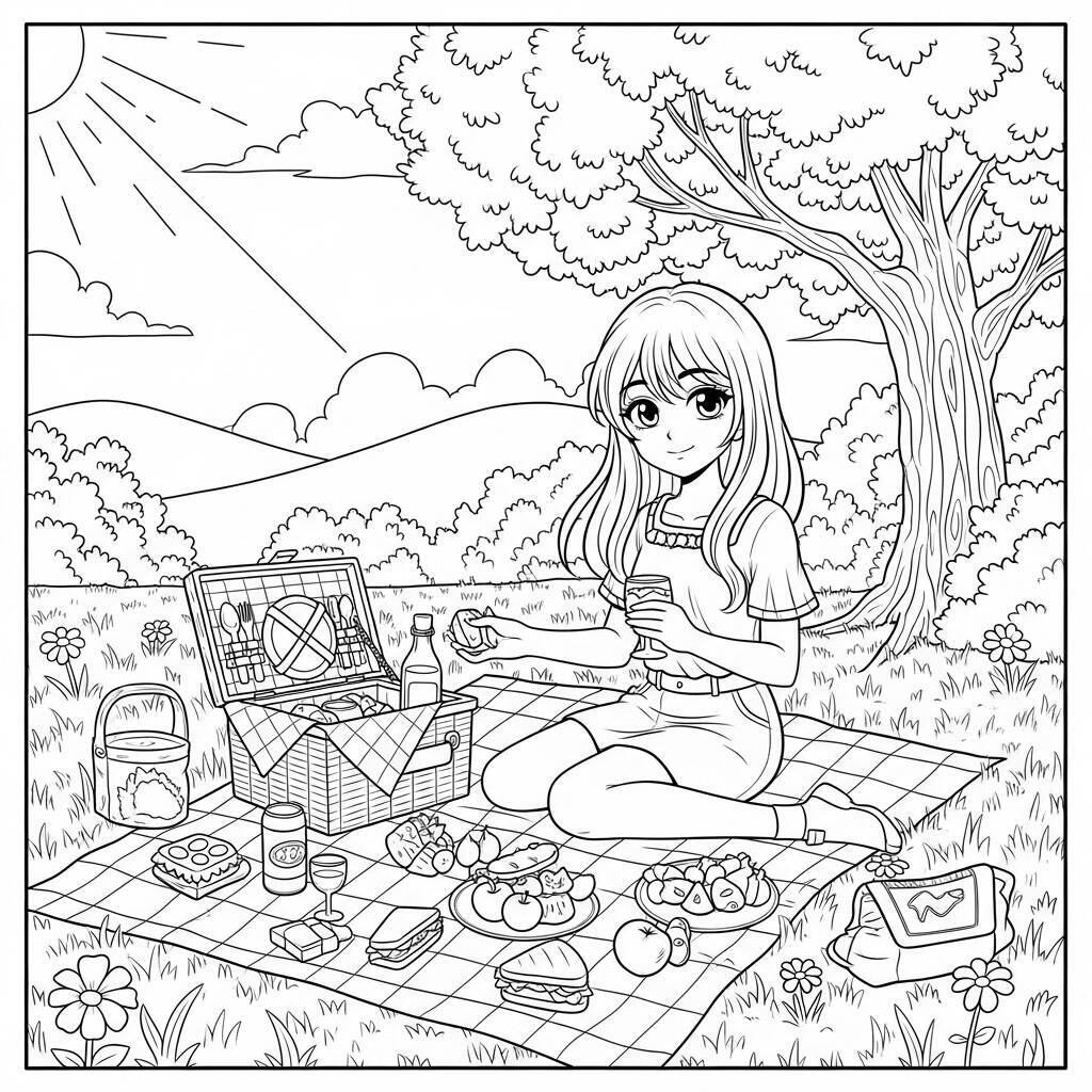 Desenho de Garota de Anime em um Picnic para Colorir