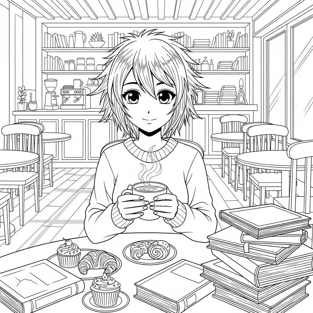 Desenho de Garota de Anime em uma Café para Colorir