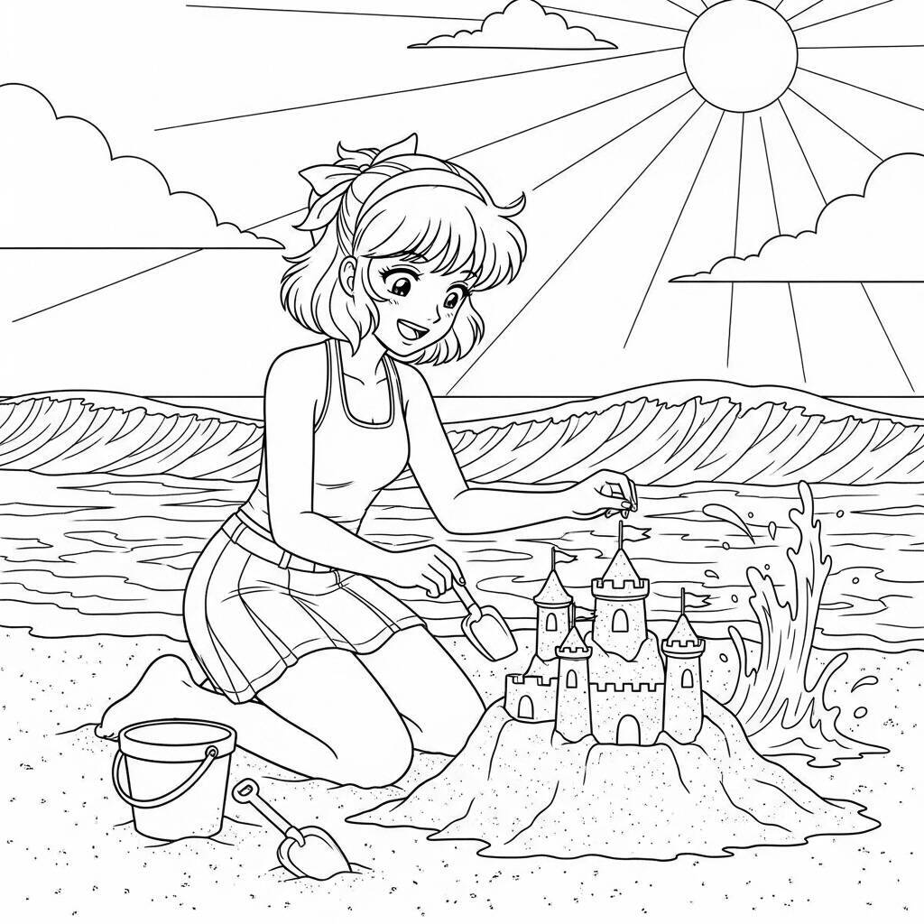 Desenho de Garota de Anime na Praia para Colorir