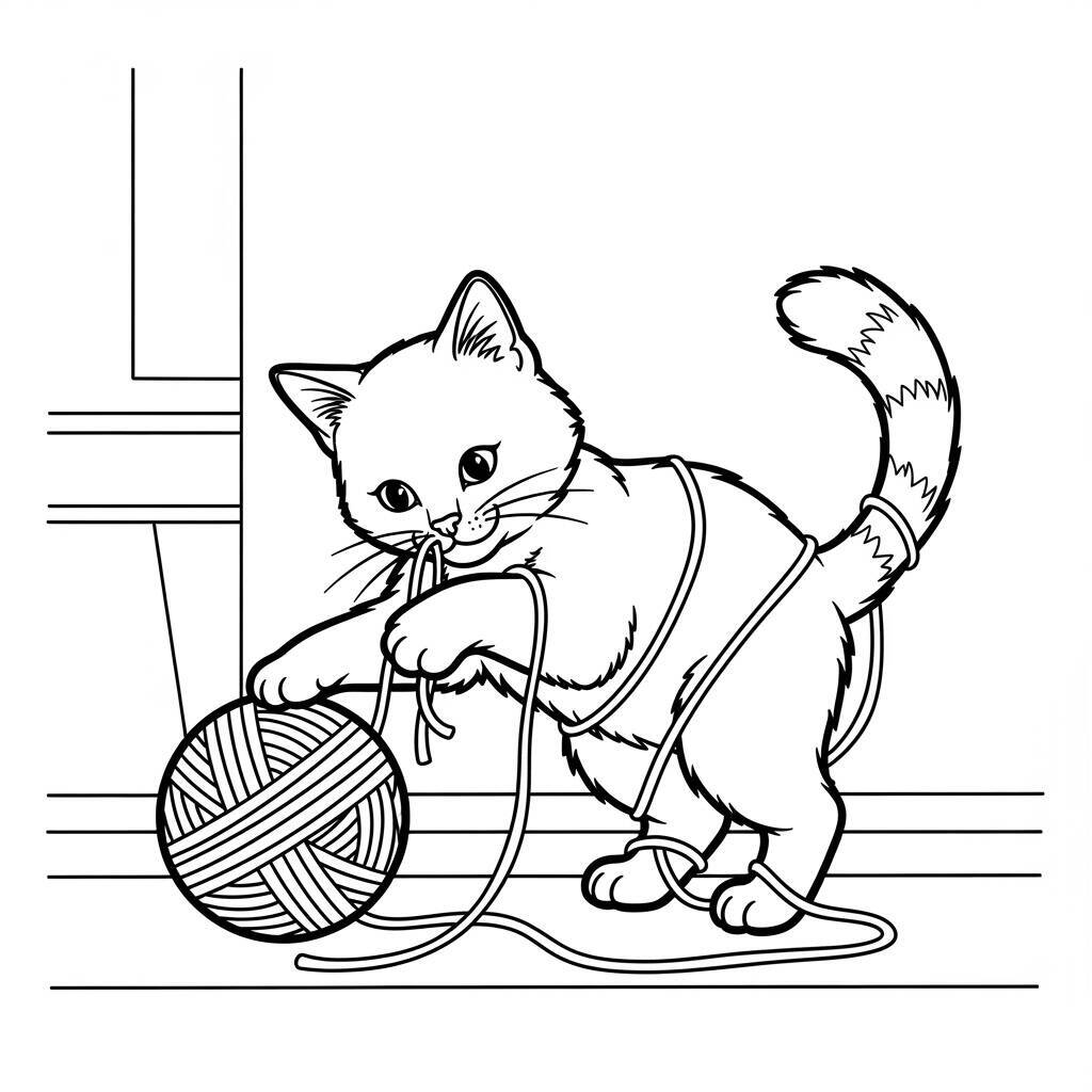 Desenho de Gato Brincando com Lã para Colorir