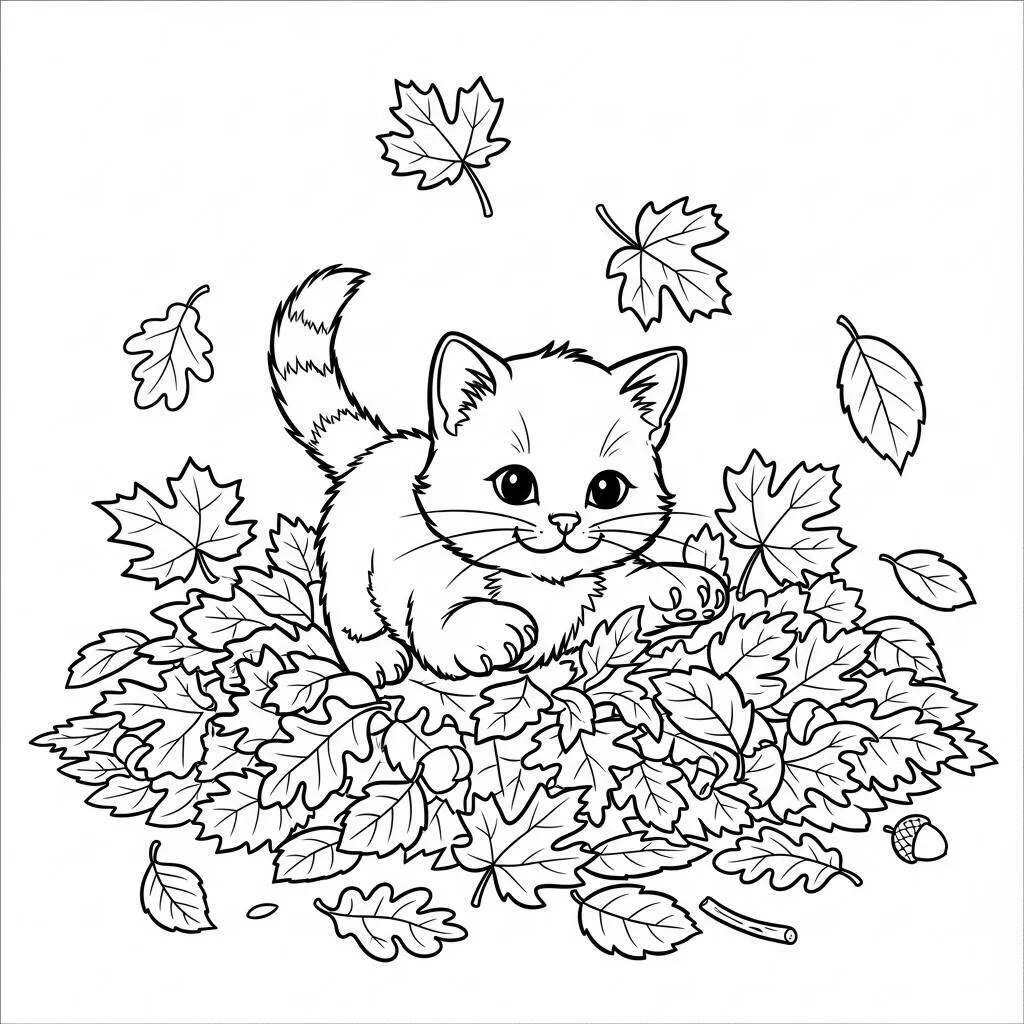 Desenho de Gato Kawaii Brincando nas Folhas para Colorir