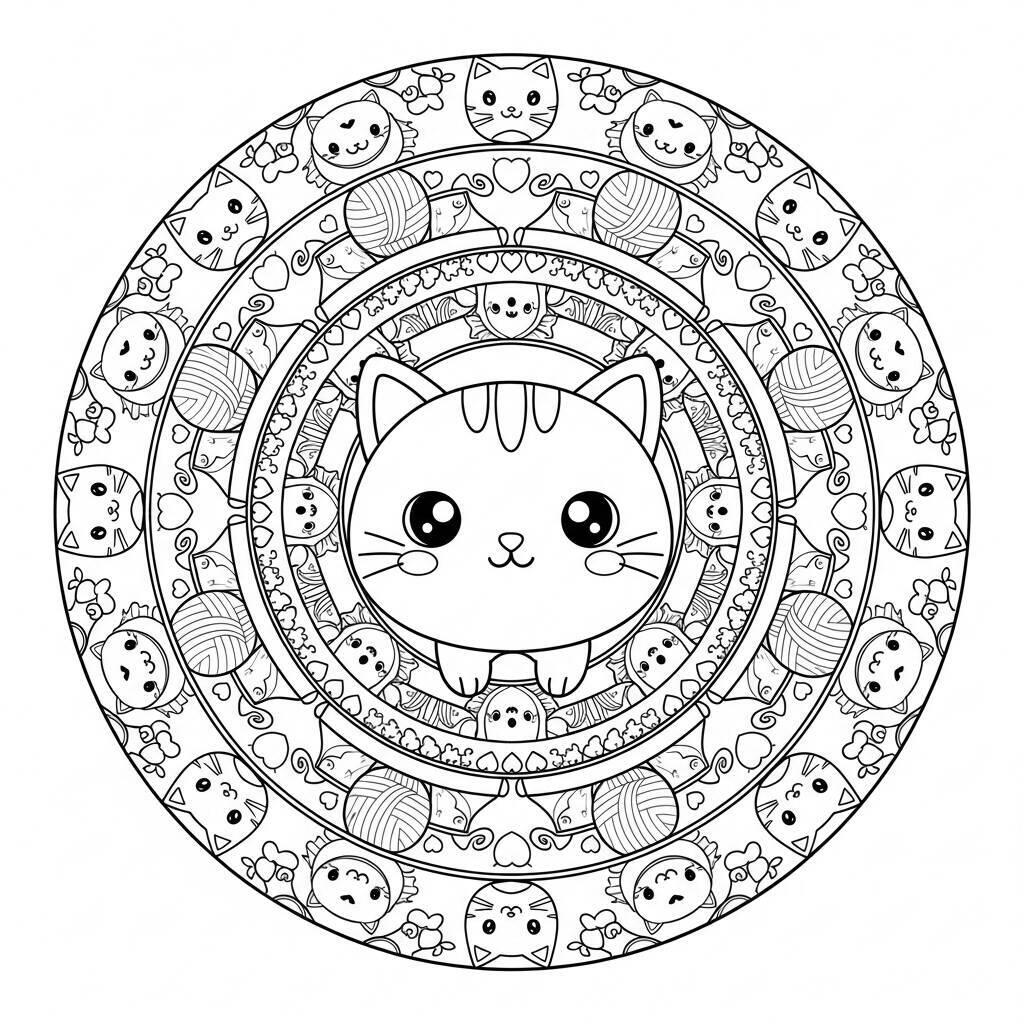 Desenho de Gato Kawaii Mandala para Colorir