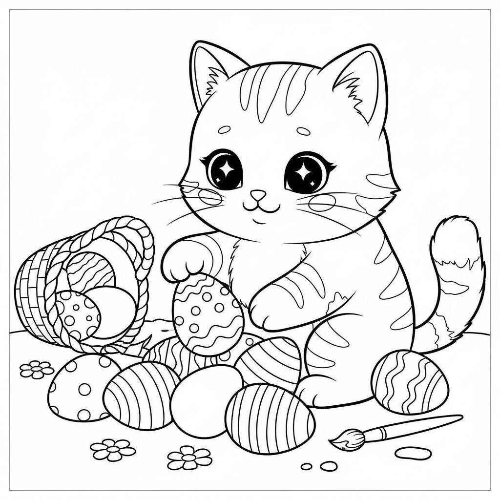 Desenho de Gato Kawaii com Ovos de Páscoa para Colorir