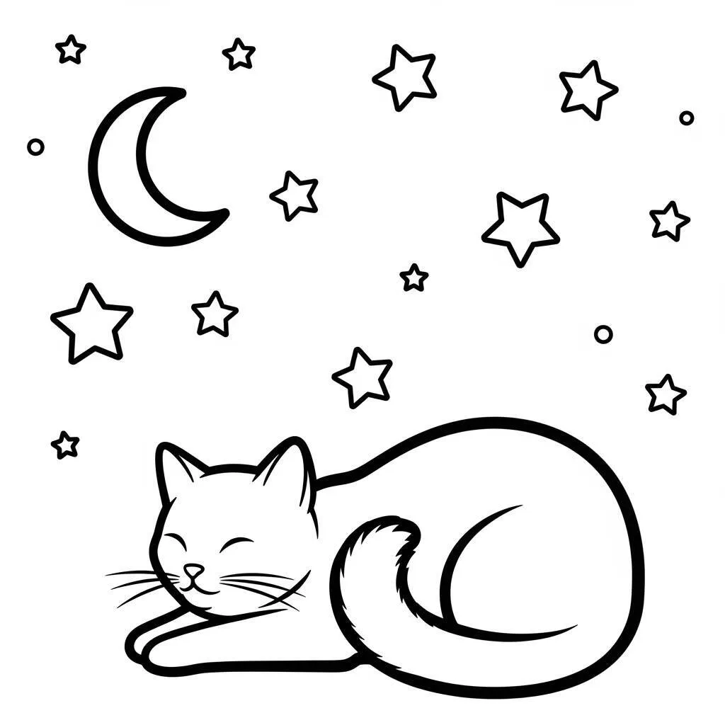 Desenho de Gato com Estrelas para Colorir