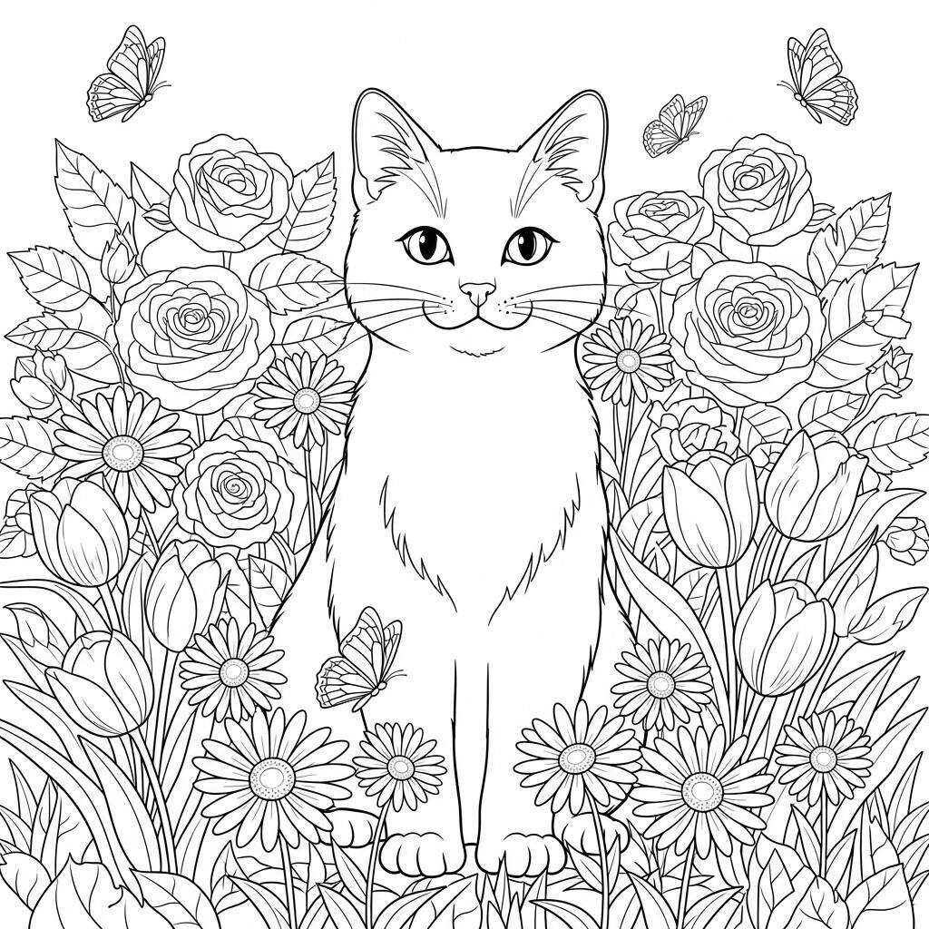 Desenho de Gato com Flores para Colorir