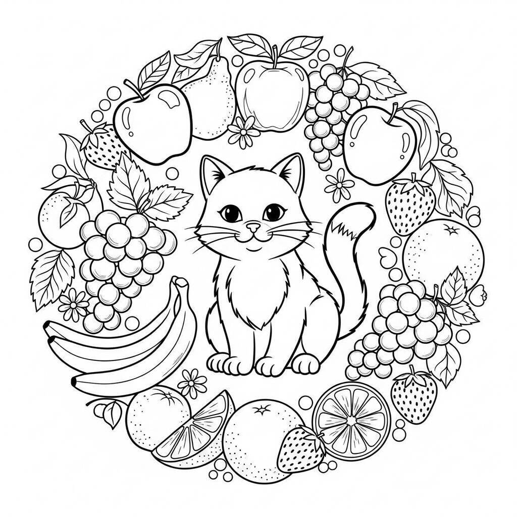 Cat with Fruit Coloring Page