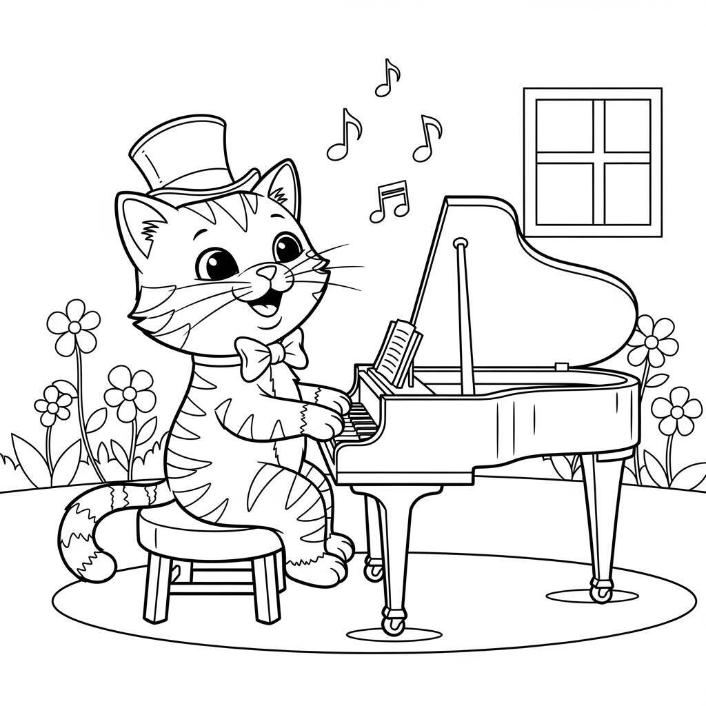 Cat with Music Coloring Page