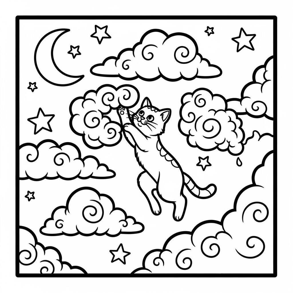 Cat with Clouds Coloring Page