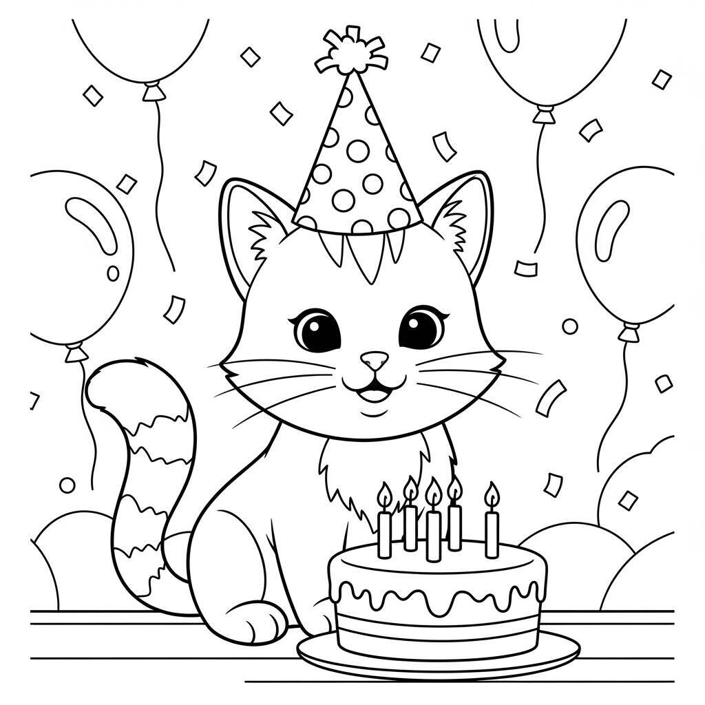Birthday Cat Coloring Page