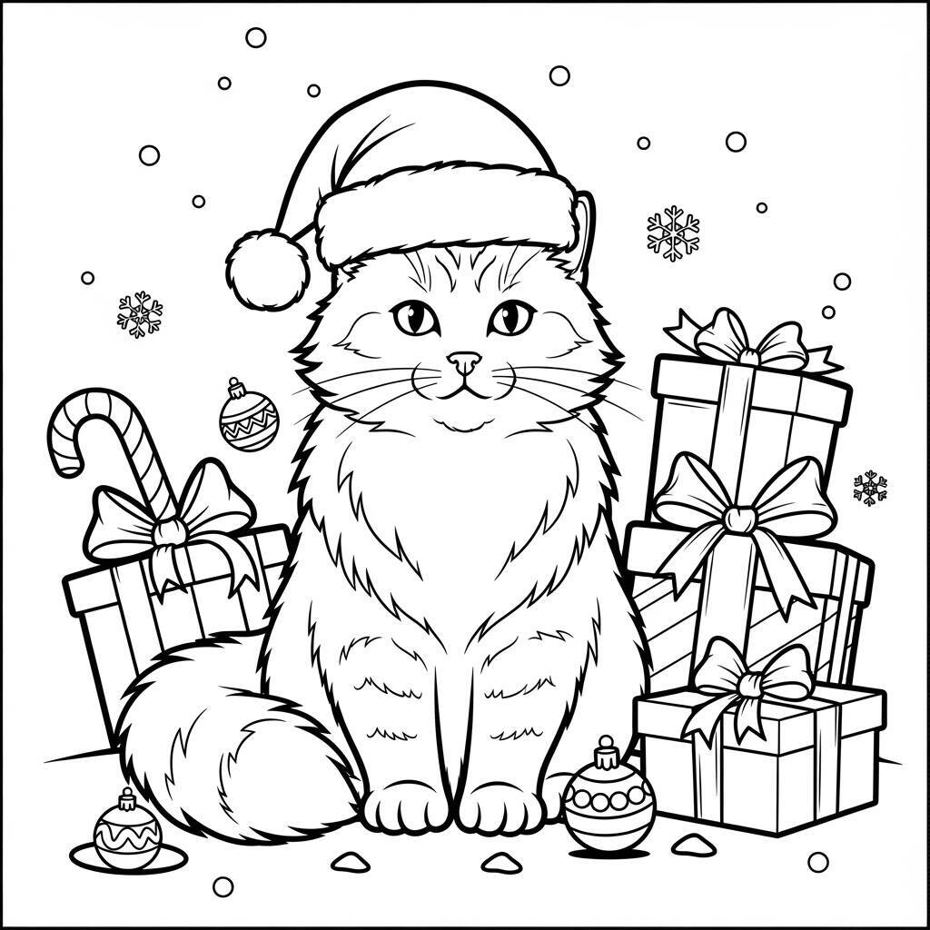 Christmas Cat Coloring Page