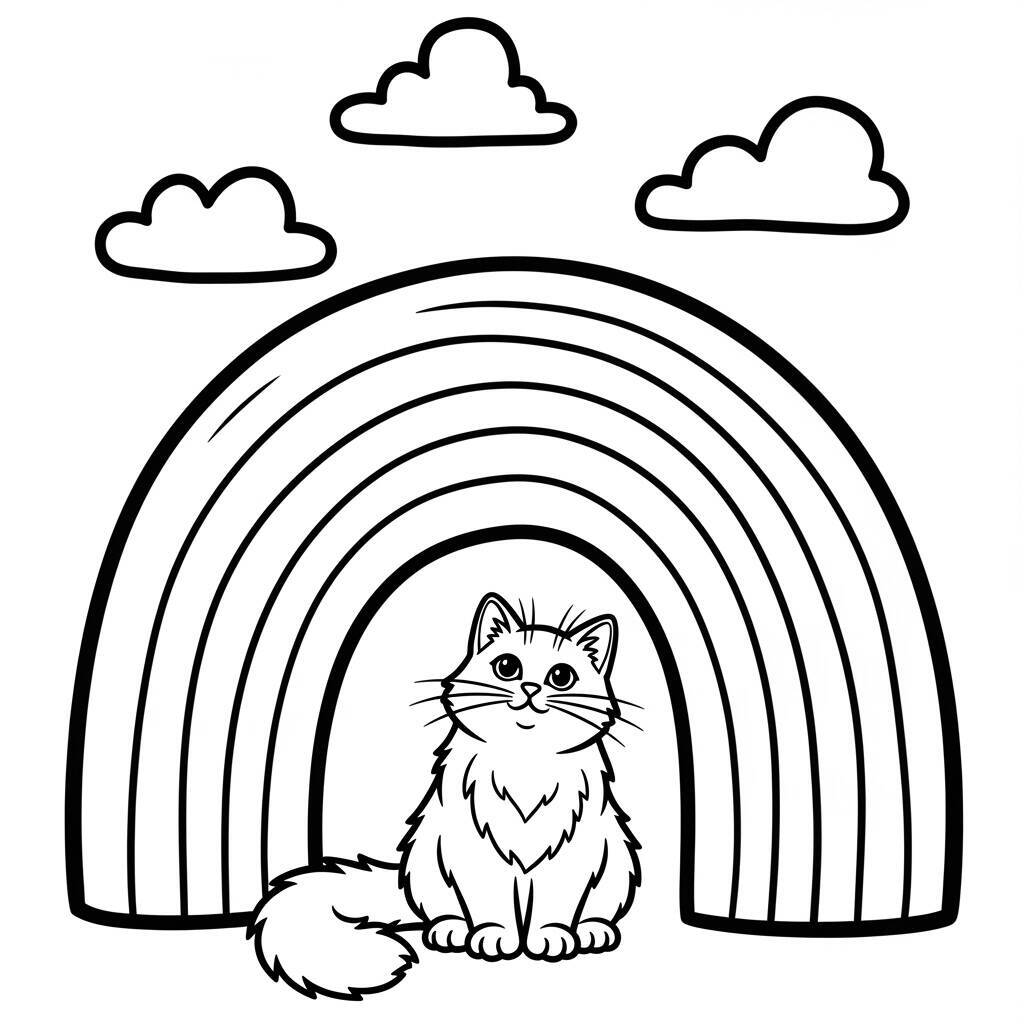 Cat and Rainbow Coloring Page