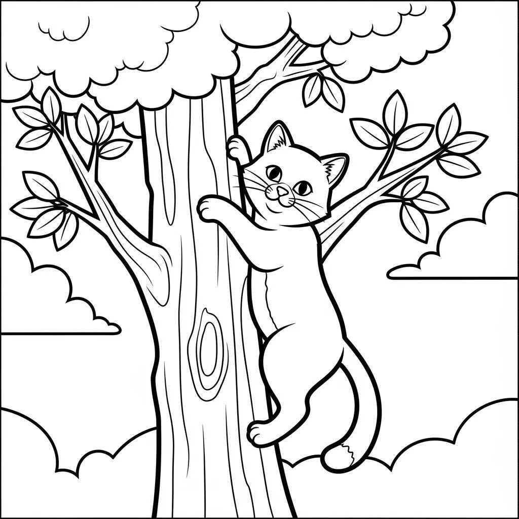 Desenho de Gato e Arvores para Colorir