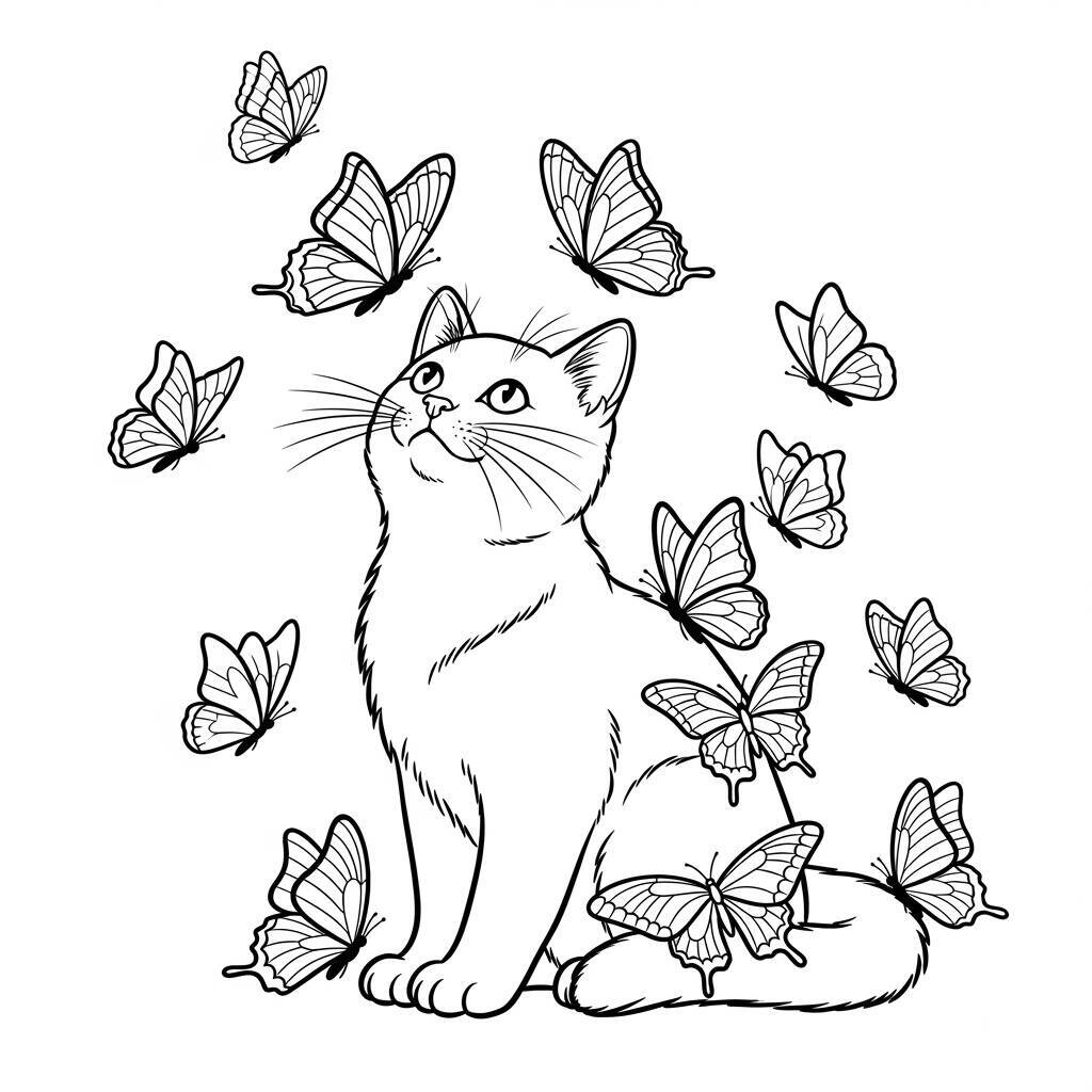 Cat and Butterflies Coloring Page