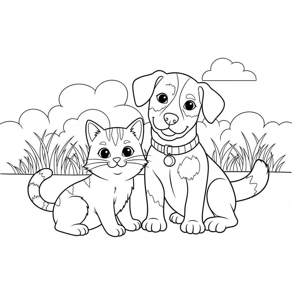 Cat and Dog Coloring Page