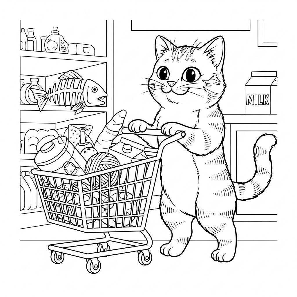 Cat and Shopping Cart Coloring Page