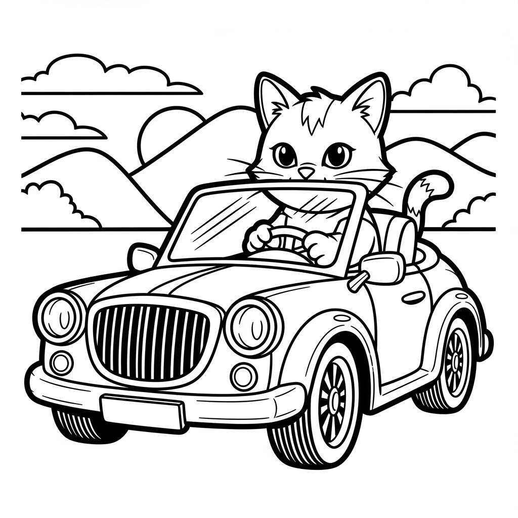 Cat and Car Coloring Page