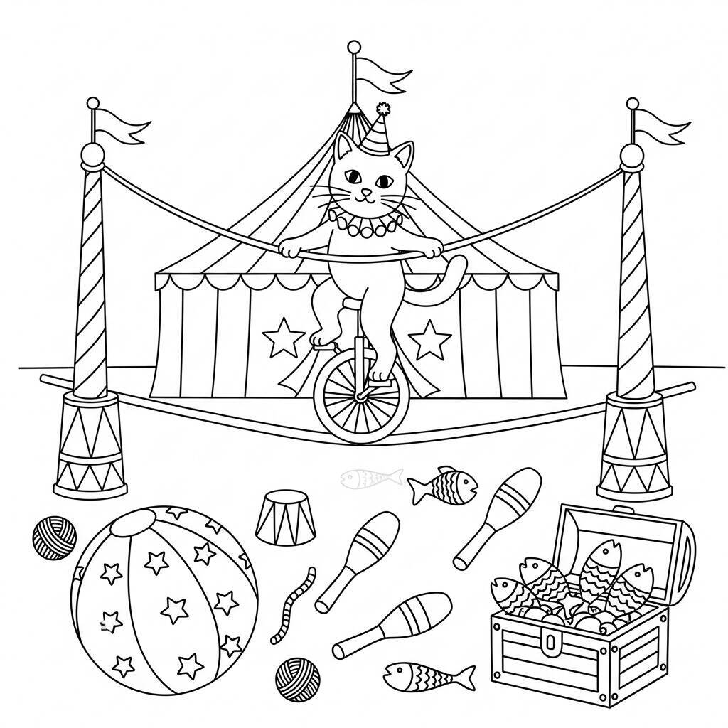 Cat and Circus Coloring Page