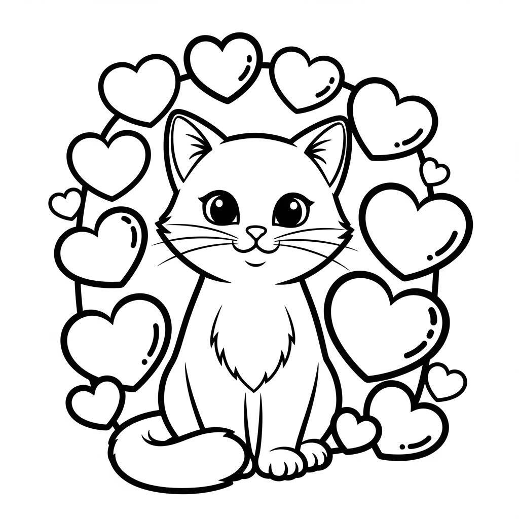 Cat and Love Heart Coloring Page