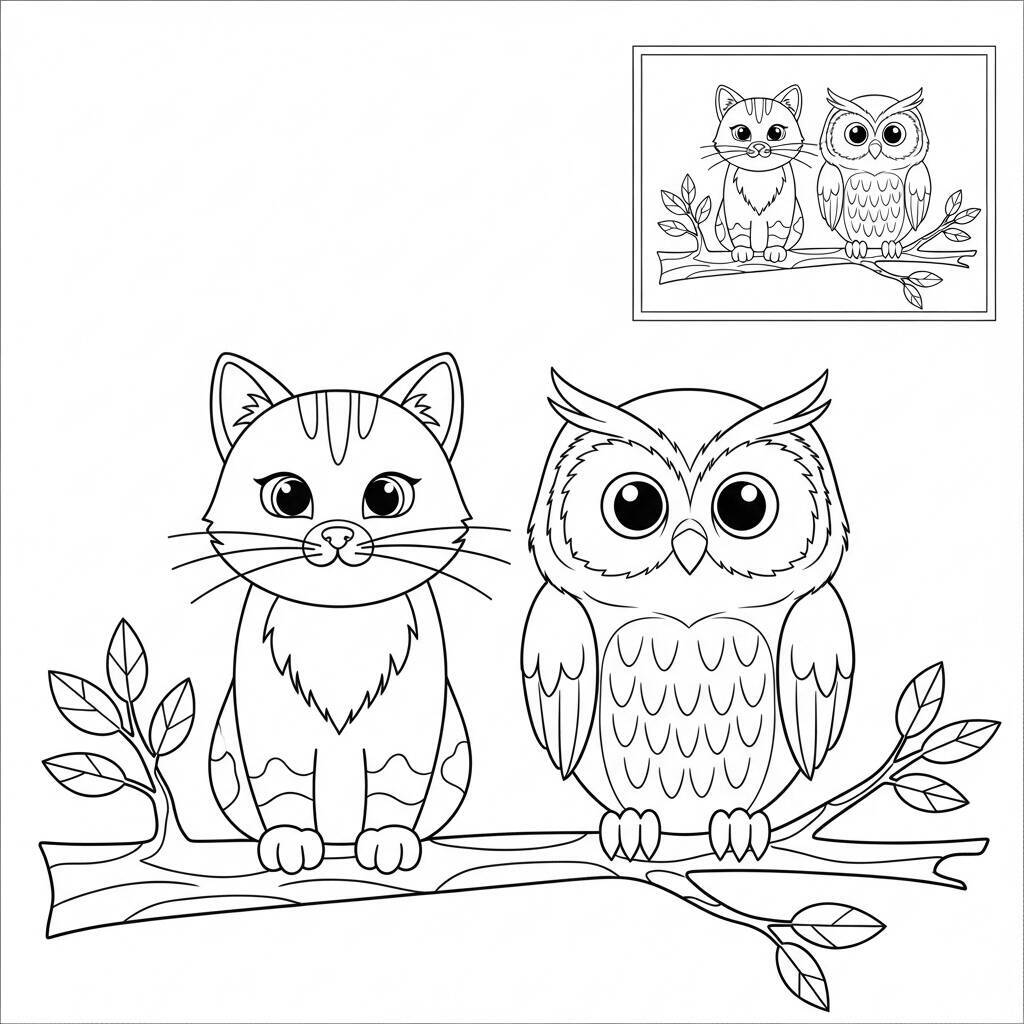 Cat and Owl Coloring Page