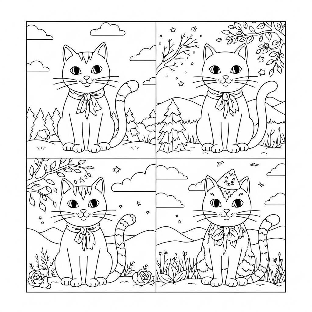 Cat and Seasons Coloring Page