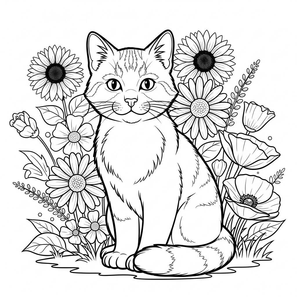 Cat and Summer Flowers Coloring Page
