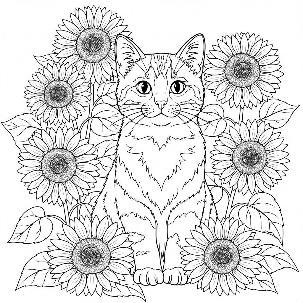 Cat and Sunflowers Coloring Page