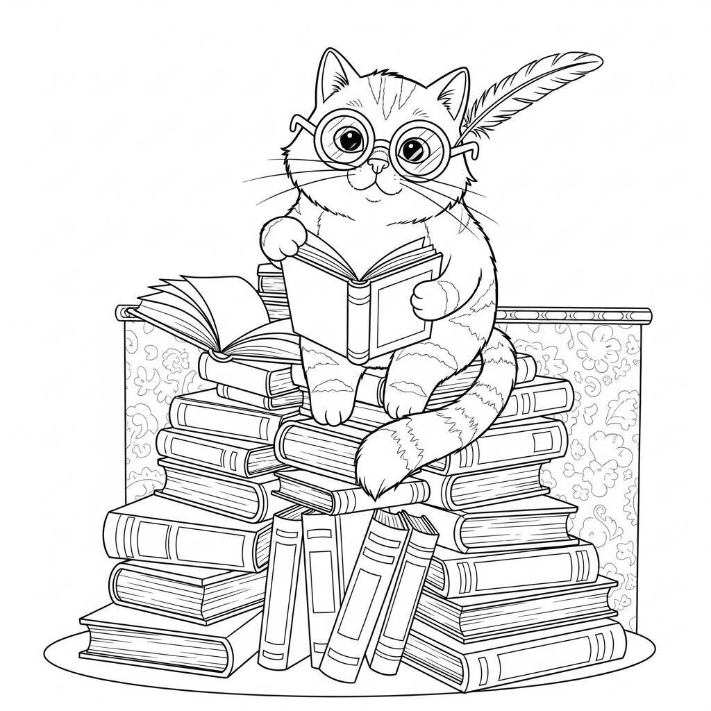 Desenho de Gato e Livro para Colorir