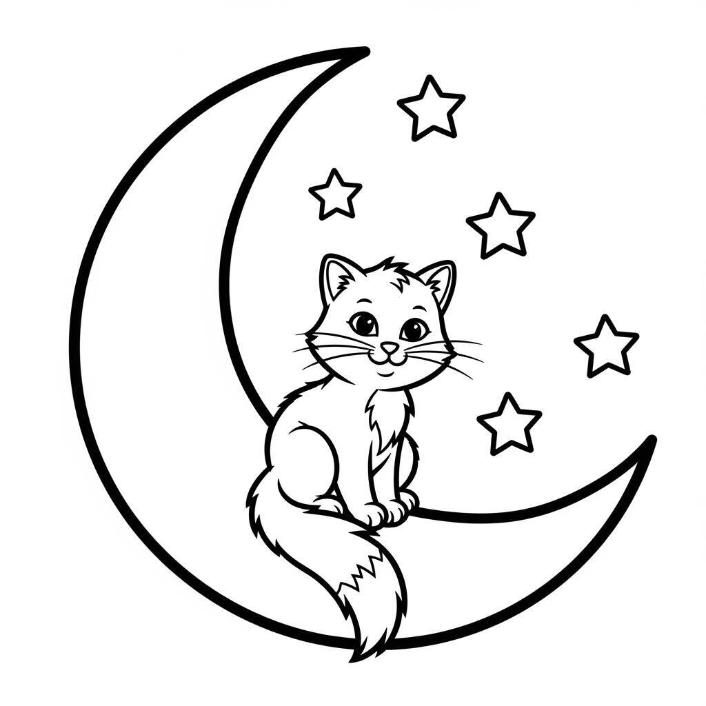 Cat and Moon Coloring Page