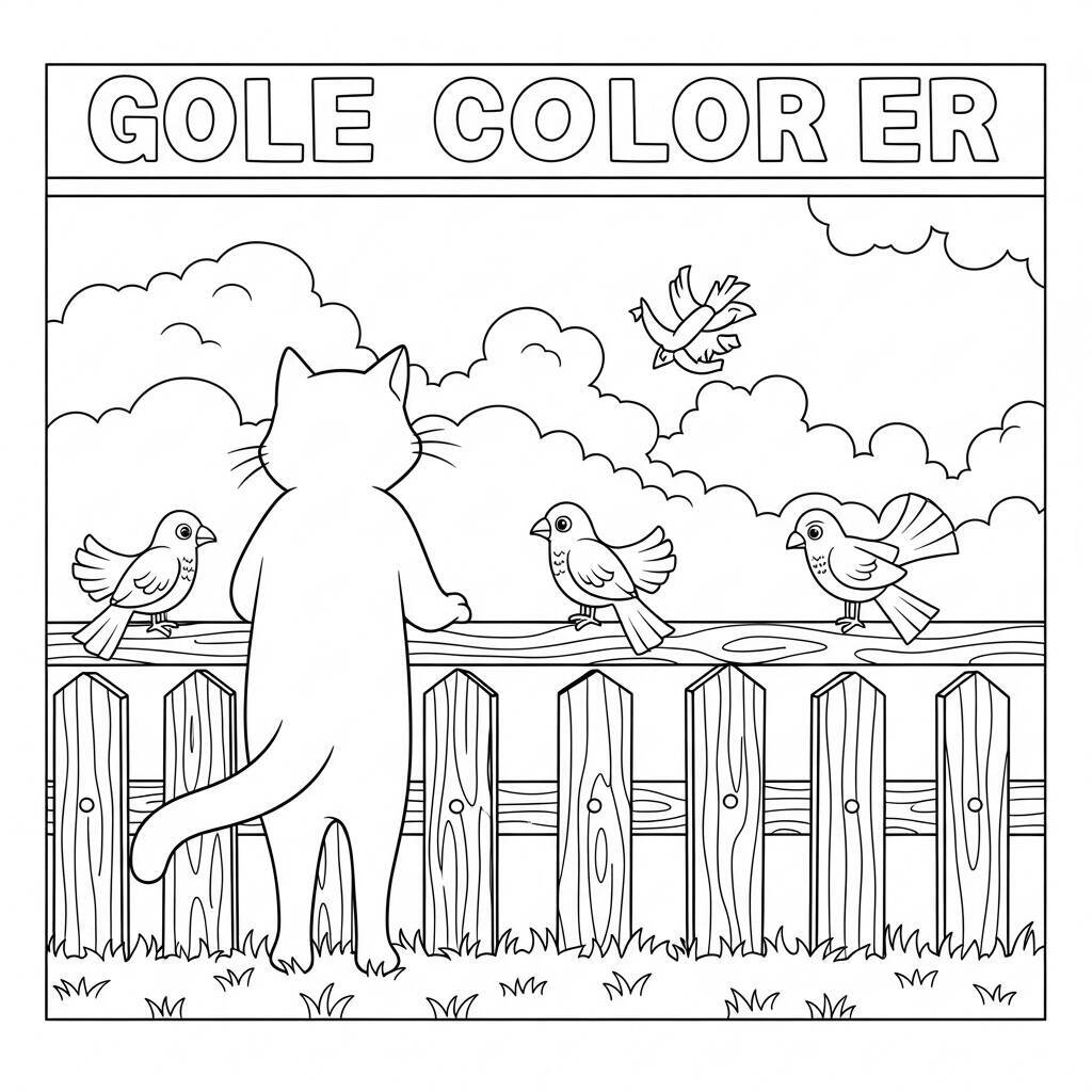 Cat and Birds Coloring Page
